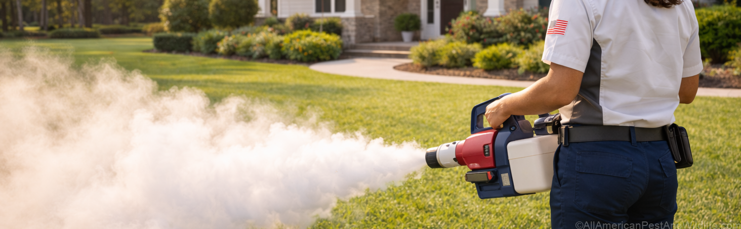 Professional pest control technician fogging a home for roaches, mosquitoes, and insects in Slidell Louisiana