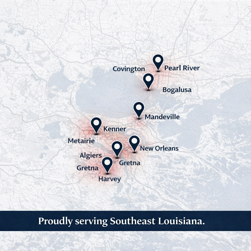 Northshore Louisiana Slidell, Pearl River, Lacombe, Mandeville, Covington, Madisonville, Abita Springs, Folsom, Bush Southshore & Greater New Orleans New Orleans, Metairie, Kenner, Gretna, Marrero, Harvey, River Ridge, Harahan River Parishes LaPlace, Destrehan, Luling, Hahnville, Reserve, Gramercy, Lutcher Florida Parishes Hammond, Ponchatoula, Amite, Independence, Tickfaw, Denham Springs, Walker