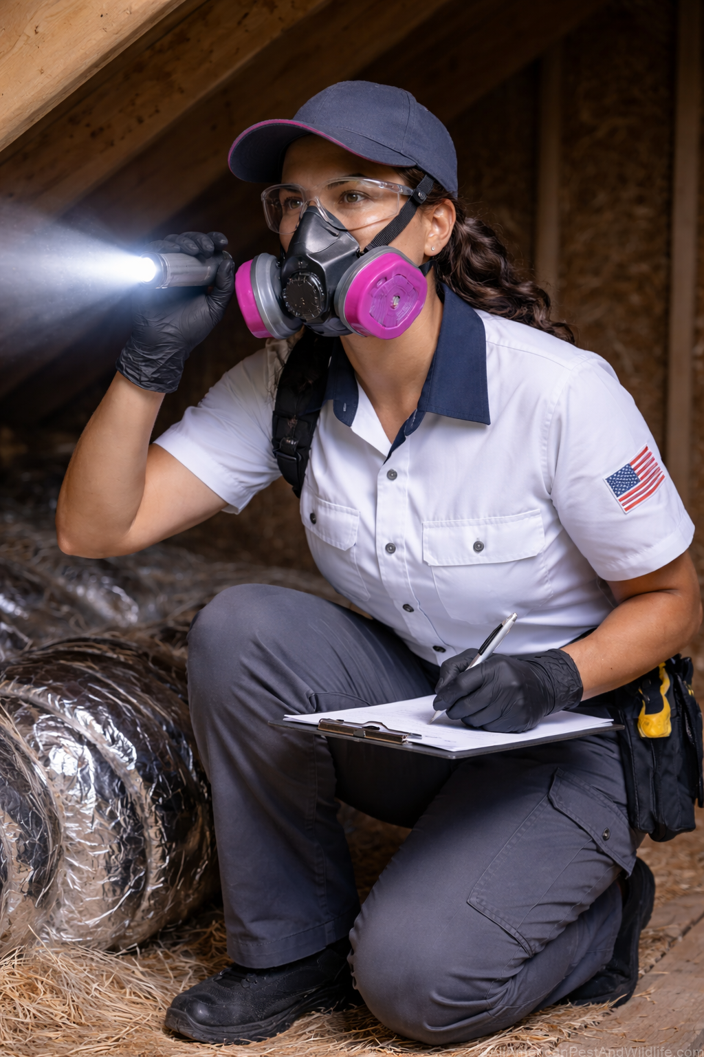 Wildlife attic inspection with respirator by licensed Louisiana wildlife control technician