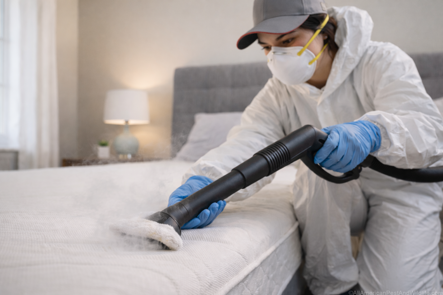 All American Pest and Wildlife Control technician using a steam treatment for bed bug elimination