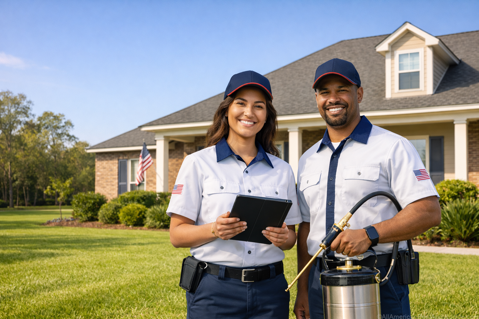 pest control technician holding a tablet outside a suburban Louisiana home with a team member, representing All American Pest and Wildlife Control.