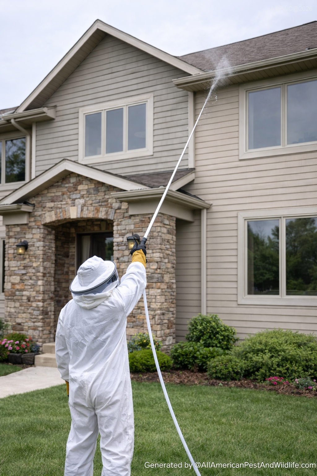 Licensed pest control technician applying preventive exterior treatment to a residential home to reduce bee nesting activity along eaves and soffits © AllAmericanPestAndWildlife.com