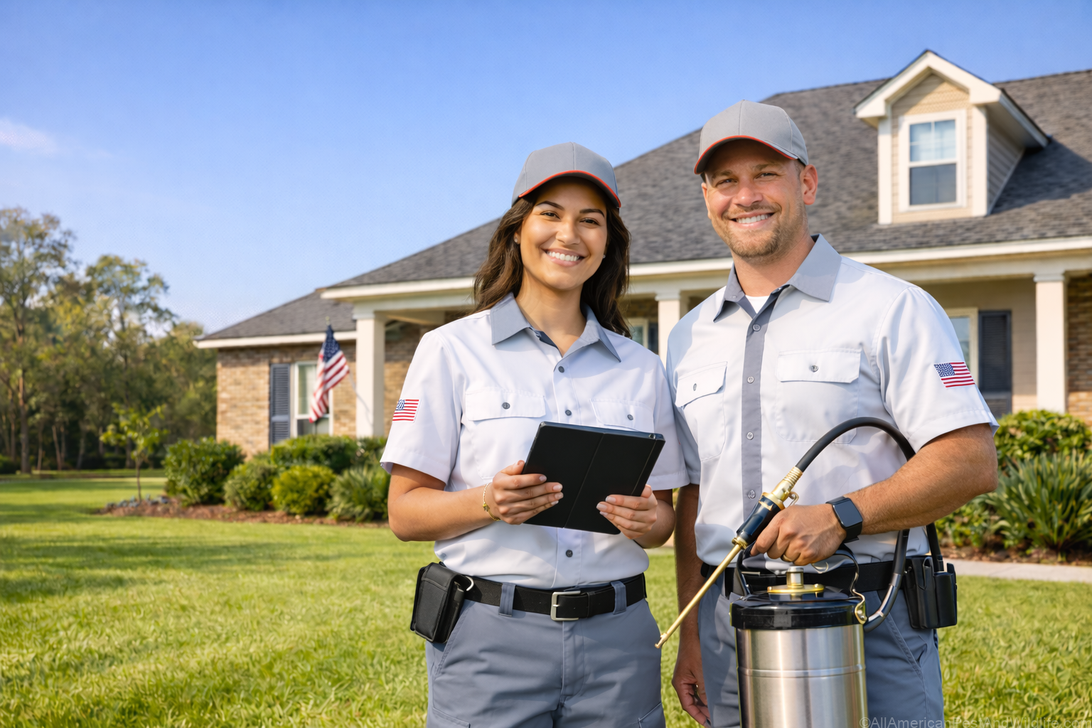 All American Pest & Wildlife Control technicians providing contract-free pest, mosquito, rodent, and wildlife services in Louisiana