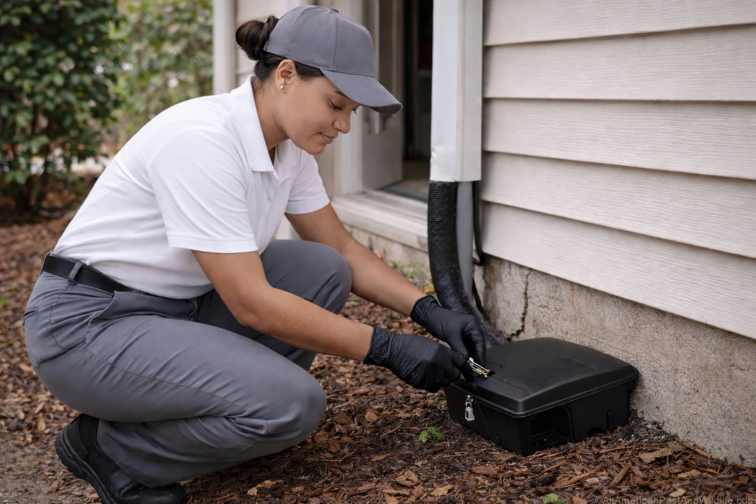 Pest control technician inspecting a rodent bait station while wearing protective gloves