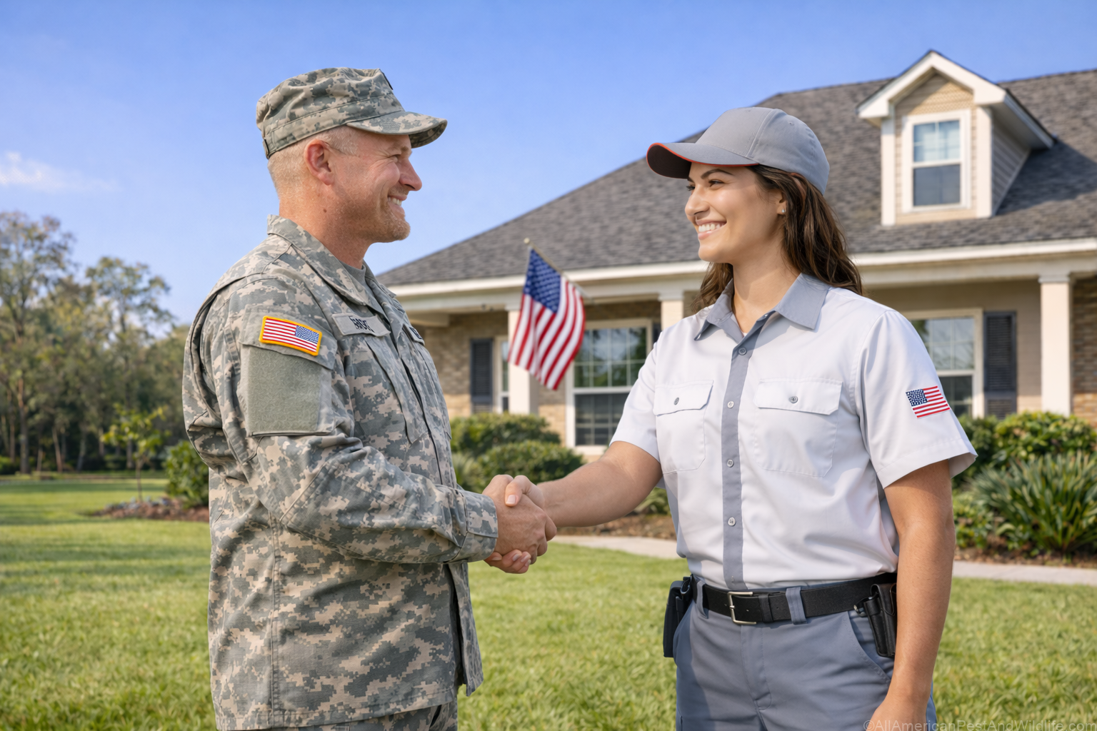 Military veteran shaking hands with pest control technician from All American Pest and Wildlife Control