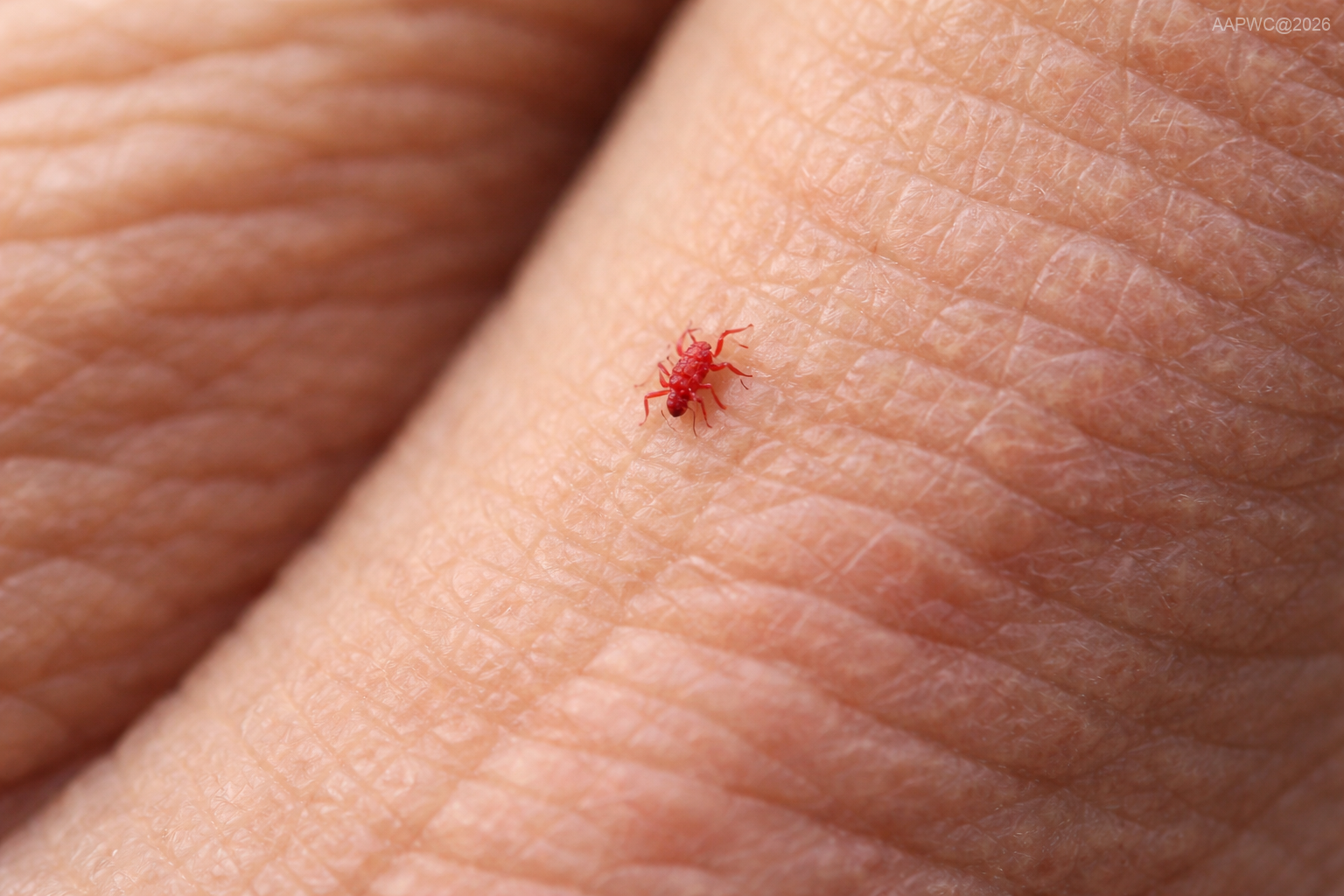 Macro close-up of chigger mite on human hand requiring Chigger Control in Louisiana outdoor exposure cases © AllAmericanPestAndWildlife.com