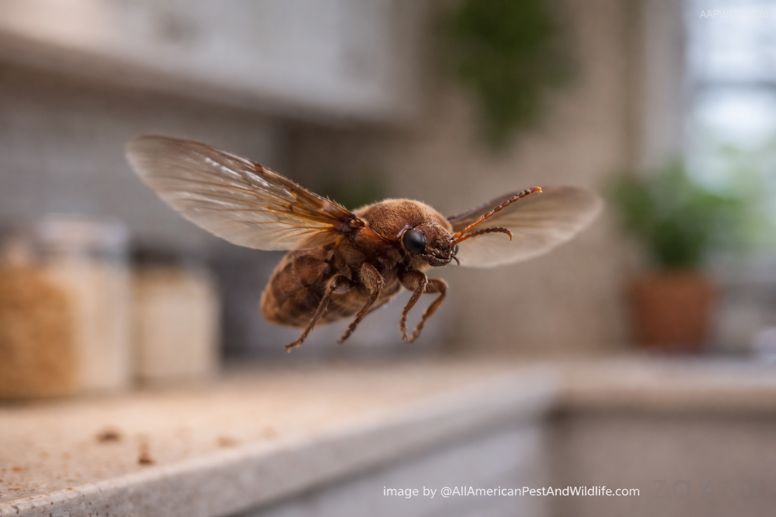 Adult cigarette beetle flying indoors requiring Cigarette Beetle Control in Louisiana © AllAmericanPestAndWildlife.com