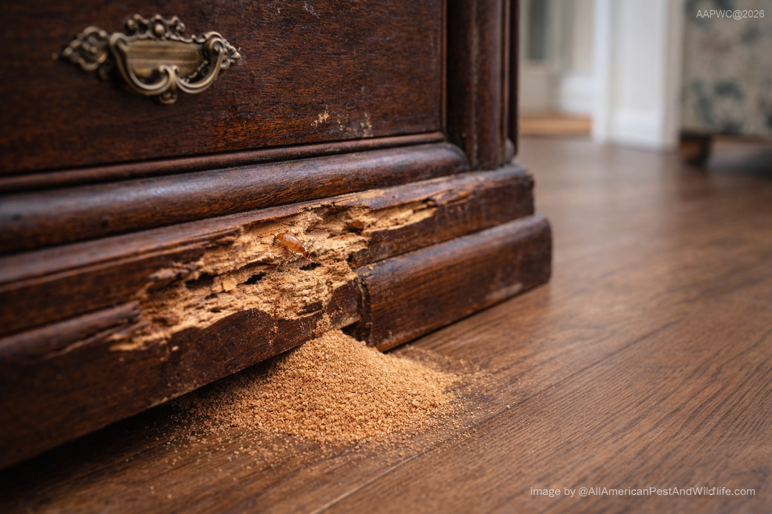 Solid wood dresser infested by drywood termites requiring Drywood Termite Treatment in Louisiana © AllAmericanPestAndWildlife.com