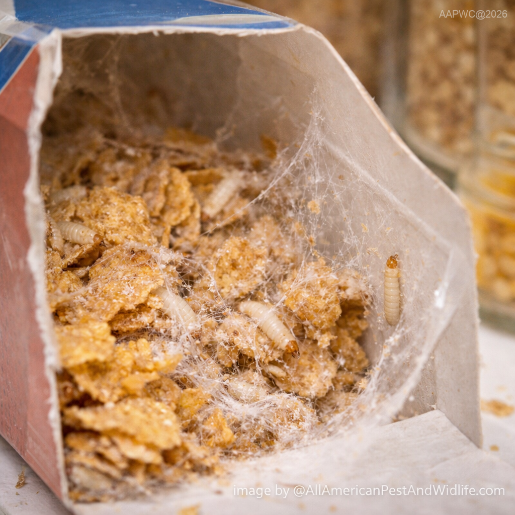 Silk webbing and clumped cereal from Indian meal moth infestation requiring Indian Meal Moth Control in Louisiana © AllAmericanPestAndWildlife.com