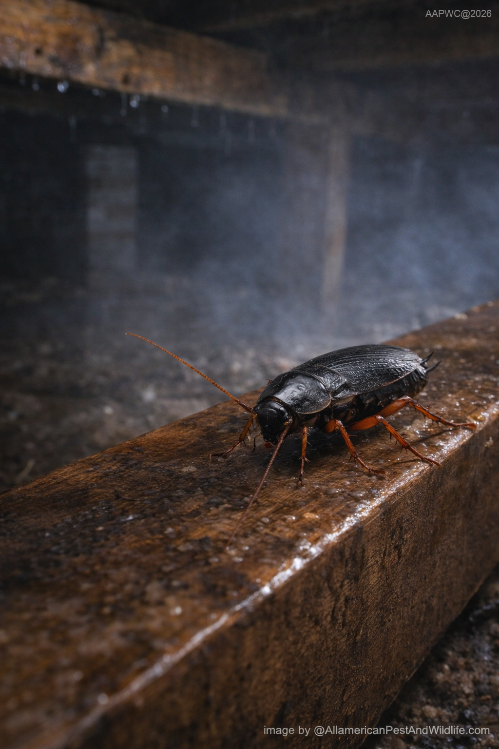 Oriental cockroach on damp basement wall in Louisiana requiring Oriental Cockroach Control in Louisiana © AllAmericanPestAndWildlife.com