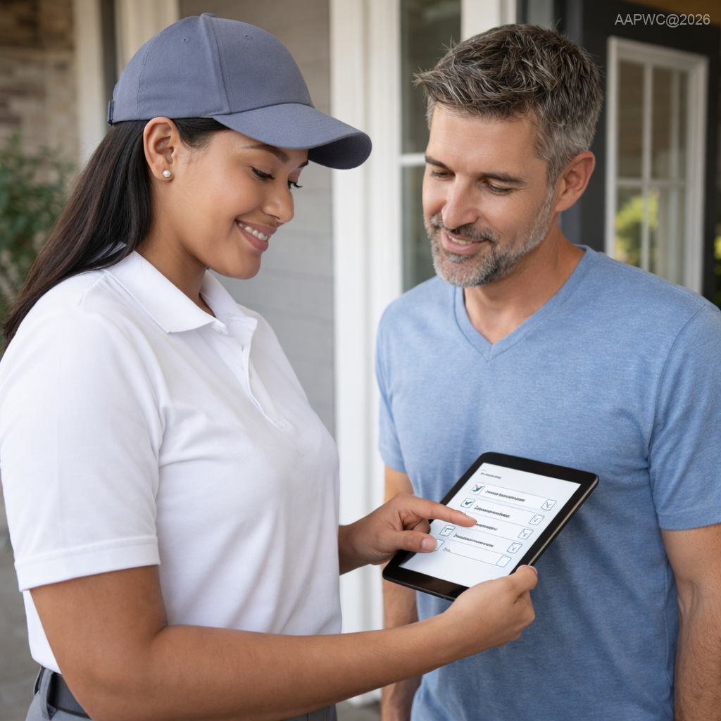 Pest control technician explaining service plan coverage to homeowner during residential inspection @allamericanpestandwildlife.com