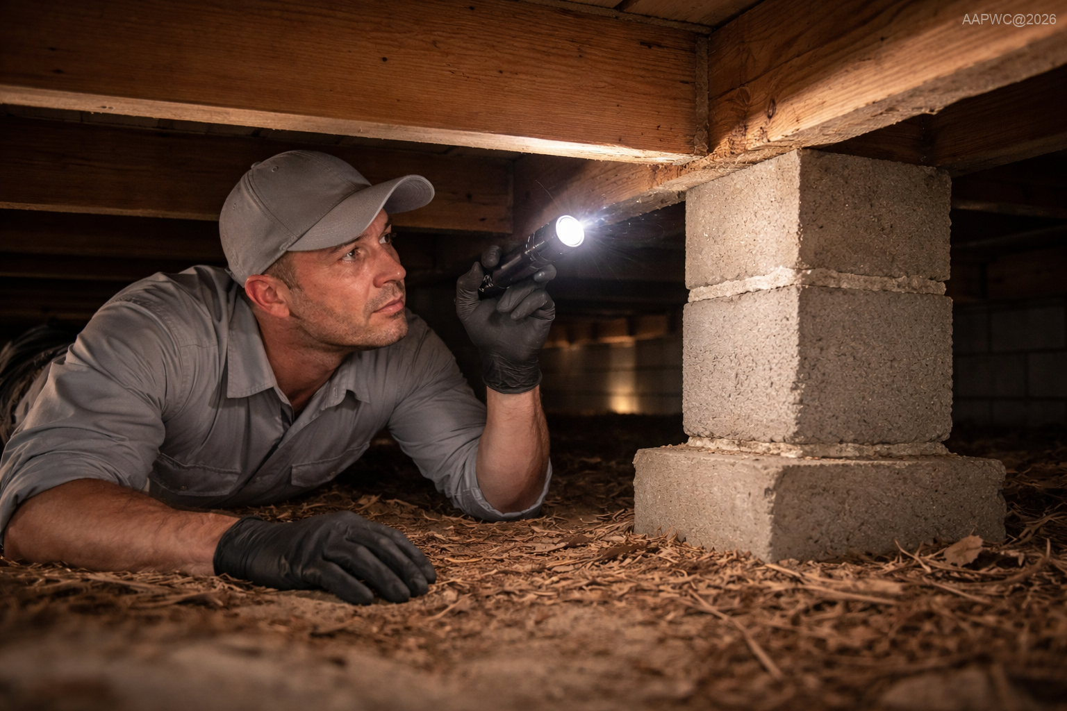 Licensed termite inspector examining crawlspace for signs of Termite Control Slidell LA infestation © AllAmericanPestAndWildlife.com