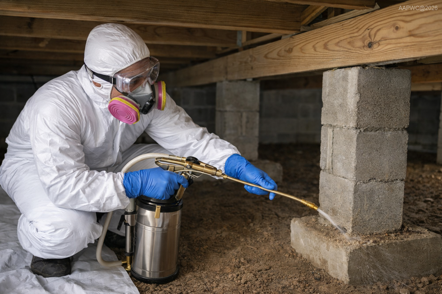 Licensed termite technician performing professional termite treatment inside a residential crawlspace in Louisiana © AllAmericanPestAndWildlife.com