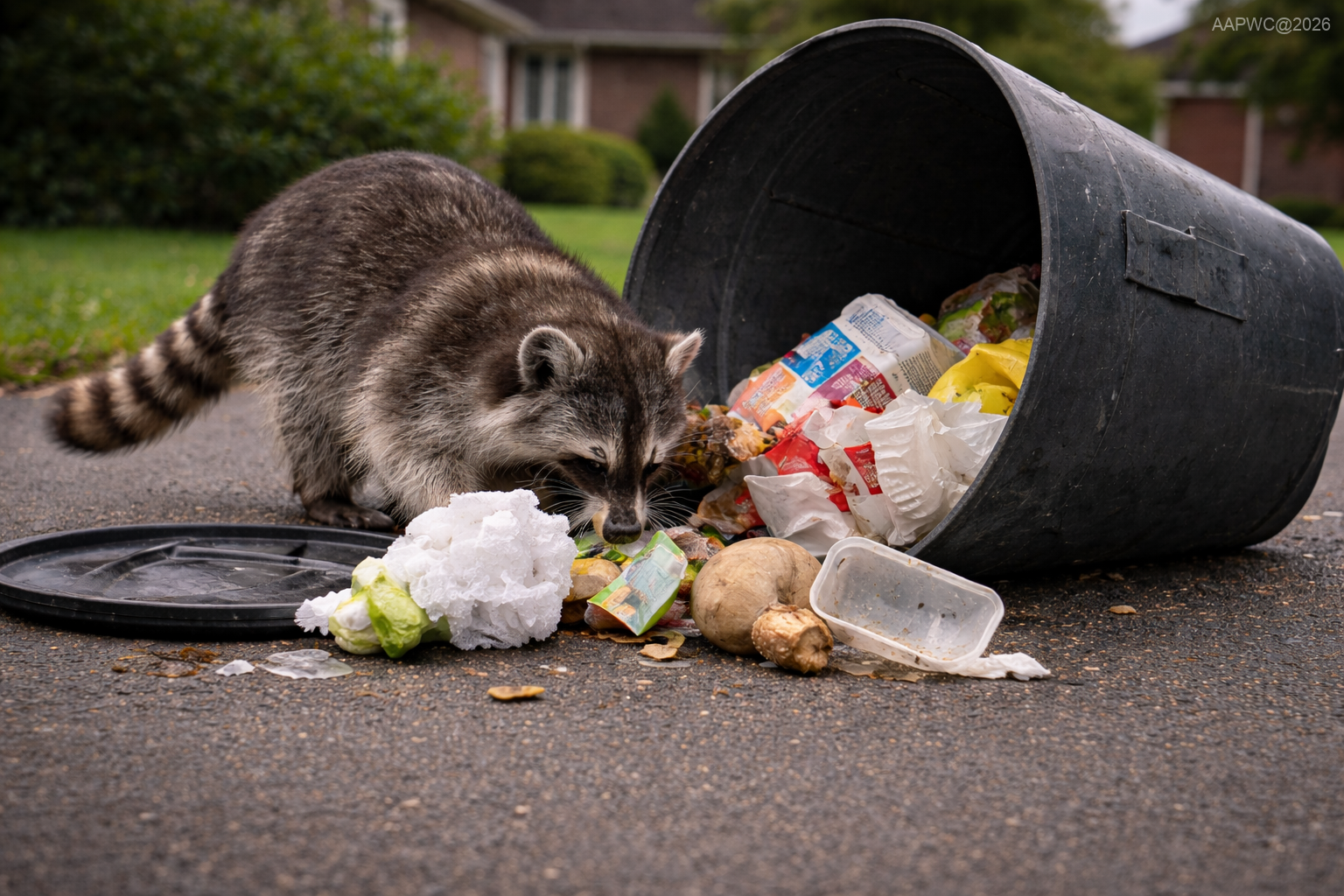 Raccoon digging through trash can in Louisiana yard