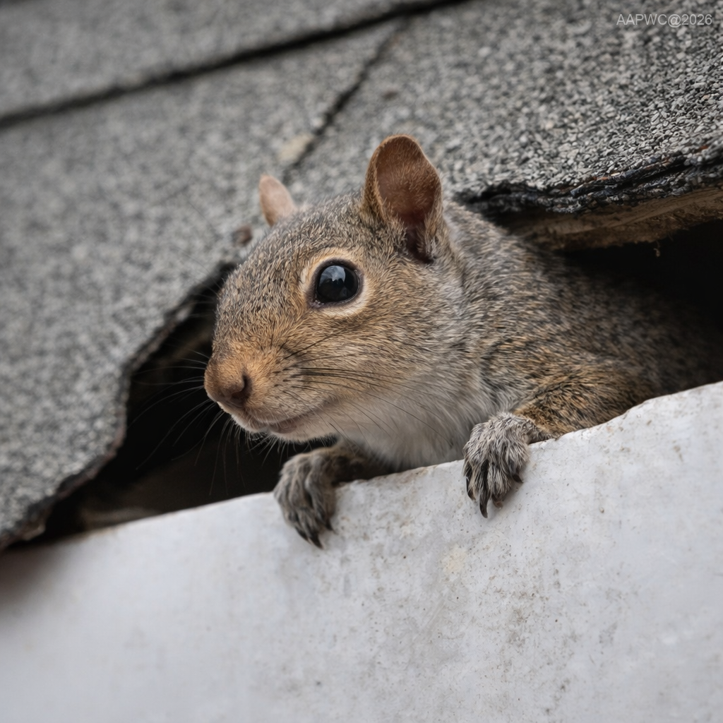 Gray squirrel chewing through a roof soffit to access the attic of a residential home in Louisiana.